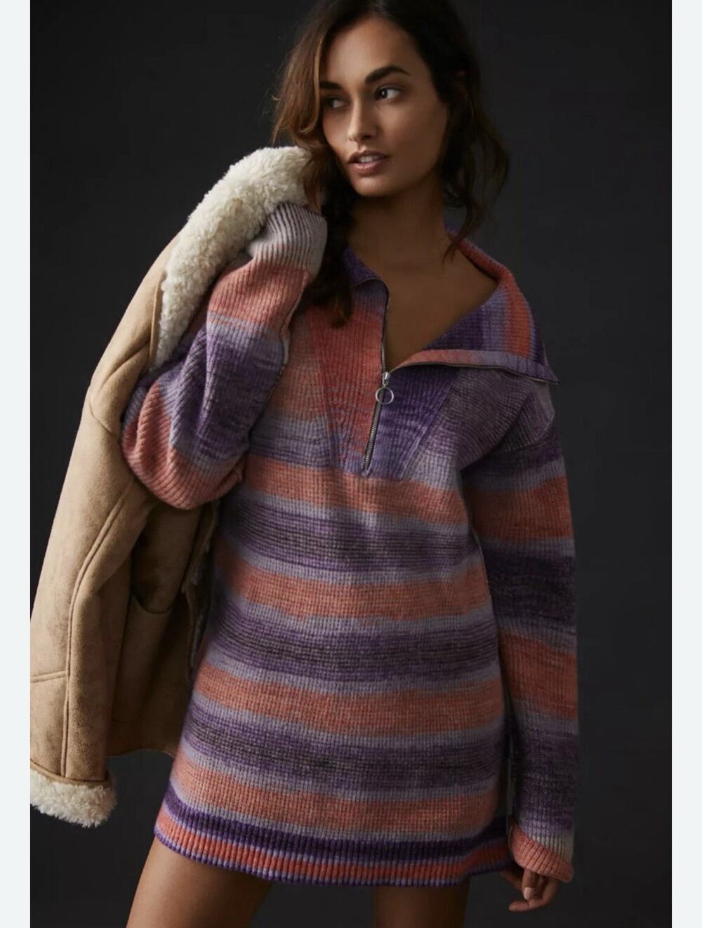 Daily Practice Anthropologie Tunic Sweater Size XS Purple Pink Stripe Soft Cozy